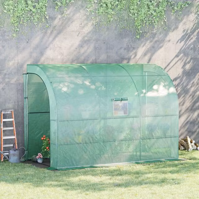 OUTSUNNY Green Lean-to Plant Greenhouse with Window and Roller Cover for Vegetable, Ornamental and Herb Gardens, W/D/H: 300 x 150 x 213 cm
