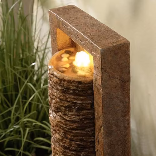 Teamson Home Brown Outdoor Water Feature Tall Cascade Waterfall Fountain with Warm LED Lights and Layered Rock Design – 5