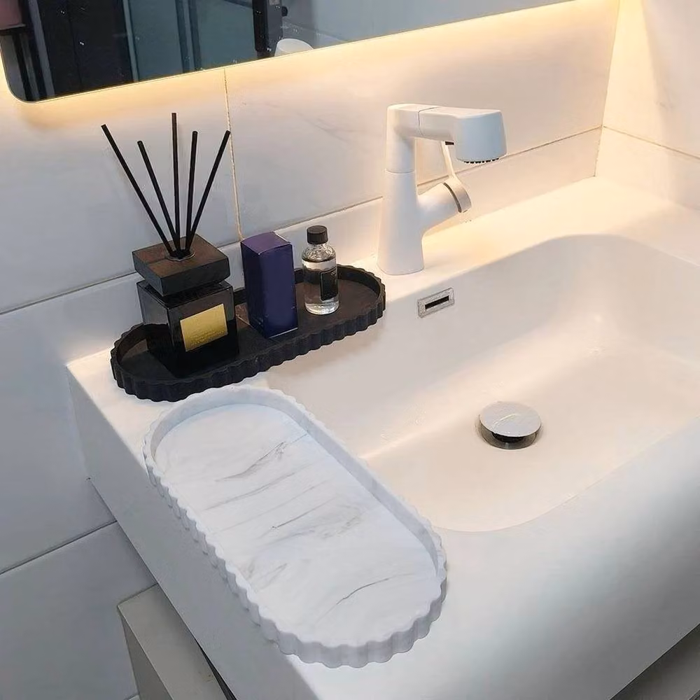 PAWNORA White Marble Pattern Oval Storage Tray – 2