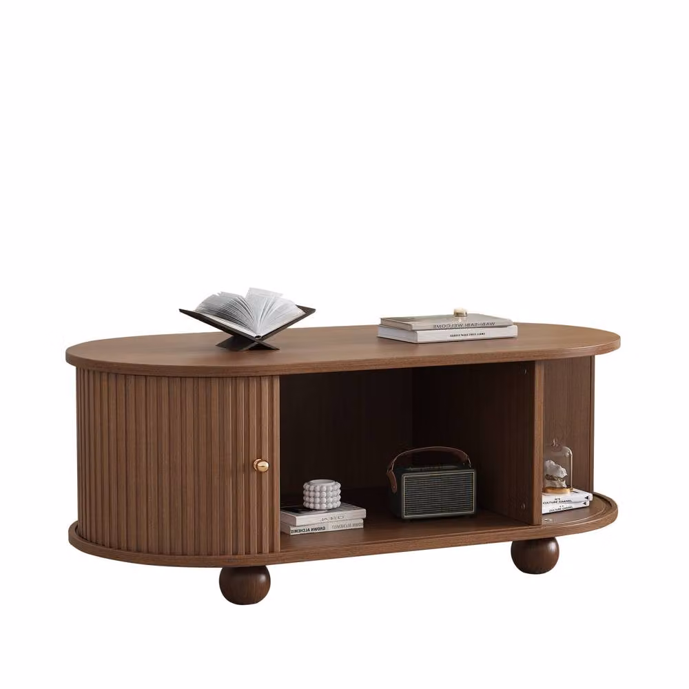 STILVORA Oval Coffee Table with 2 Sliding Doors, Brown Oak – 5