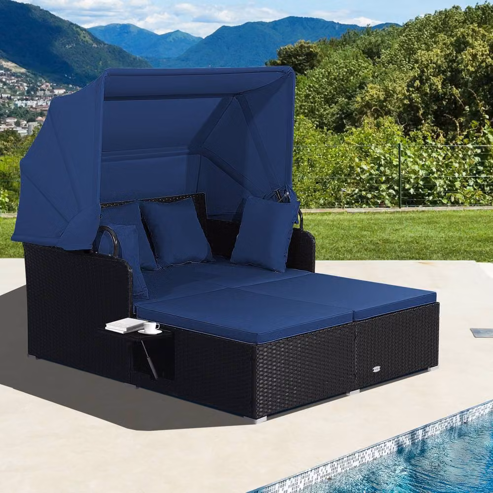 Costway Blue PE Rattan Wicker Daybed with Retractable Canopy for 2 Adults – 4