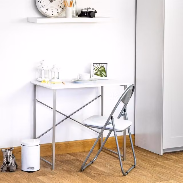 Harbour Housewares Industrial White Writing Desk with X-Frame Metal Legs and MDF Laminate Top