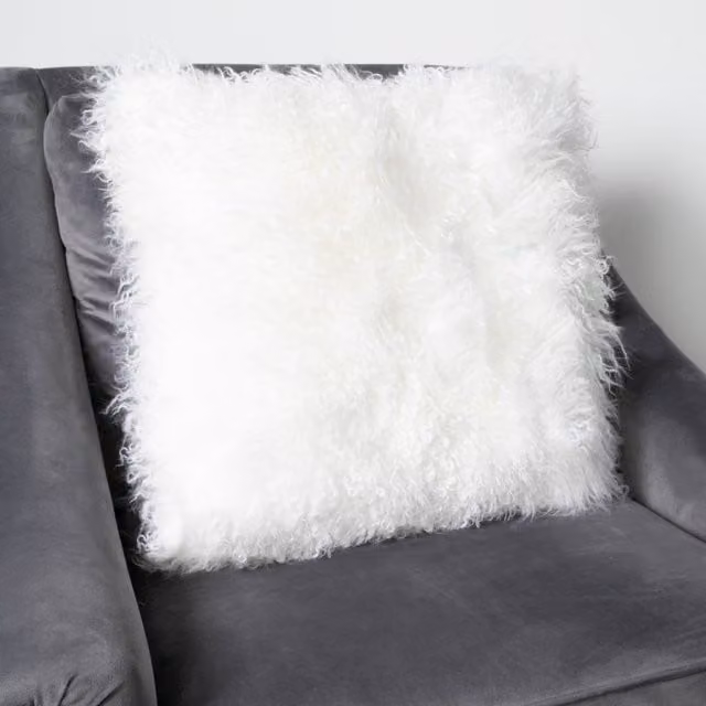 Native Natural Square Curly Sheepskin Cushion in Beige and White