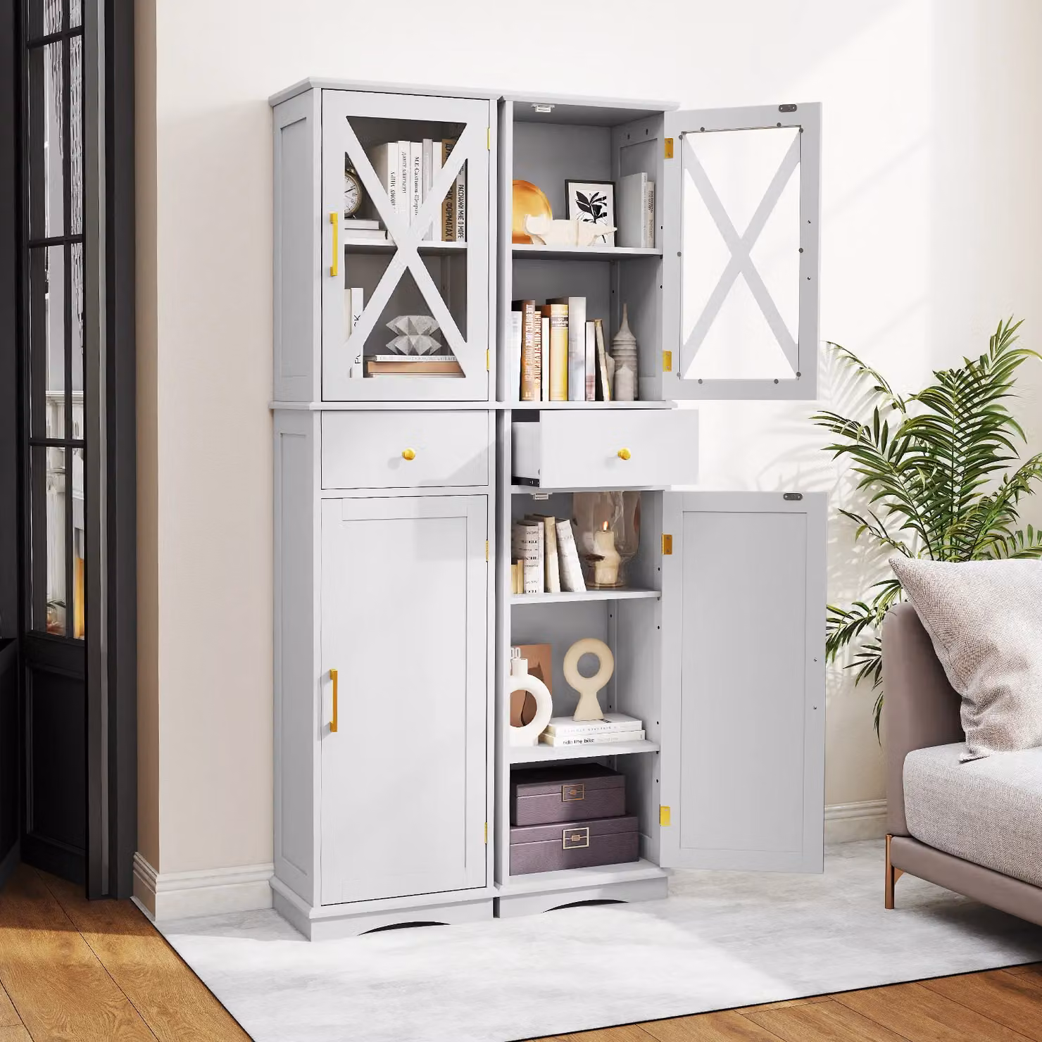 Gymax Freestanding Tall Storage Cupboard with Glass Doors and Internal Shelves in White and Gold – 3