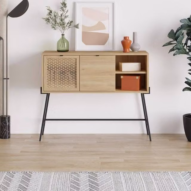 FWStyle Sapphire Oak 2 Door Sideboard with Laser Cut Doors and Black Metal Frame, Brown, W: 116 cm, H: 91 cm, D: 36 cm – 1