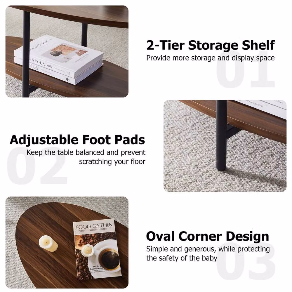 FORGEVIO Brown Oval 2 Tier Wood and Metal Coffee Table with Adjustable Foot Pads – 3