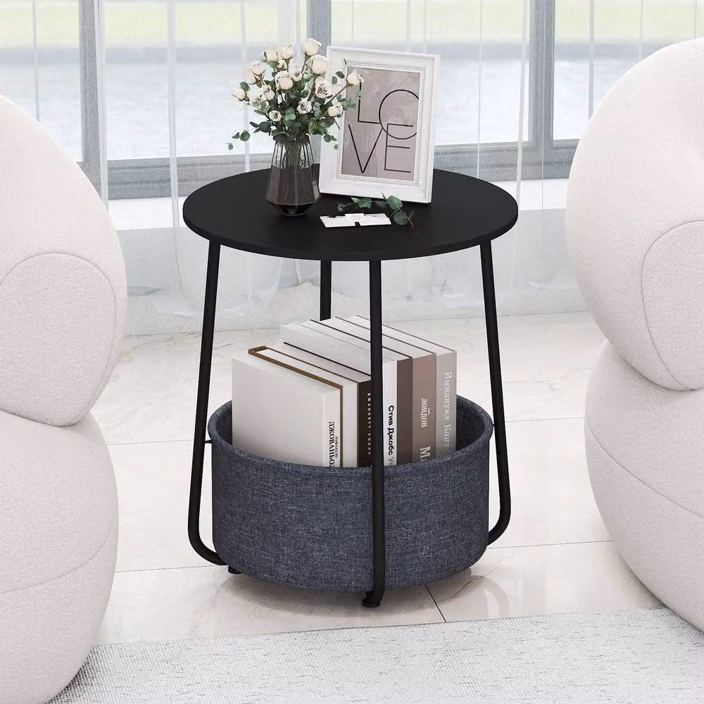 Gymax Modern 2-Tier Round End Table with Fabric Basket in Black – 4