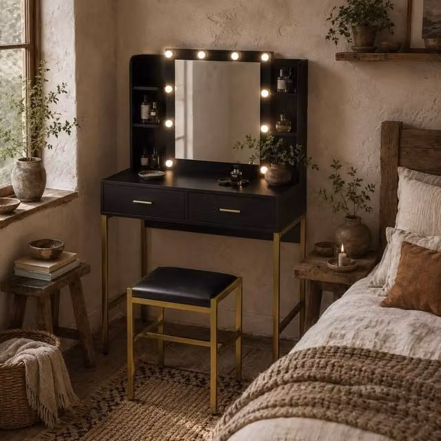 Wyld Haus Taso Kana Black Dressing Table and Stool Set with Illuminated LED Mirror