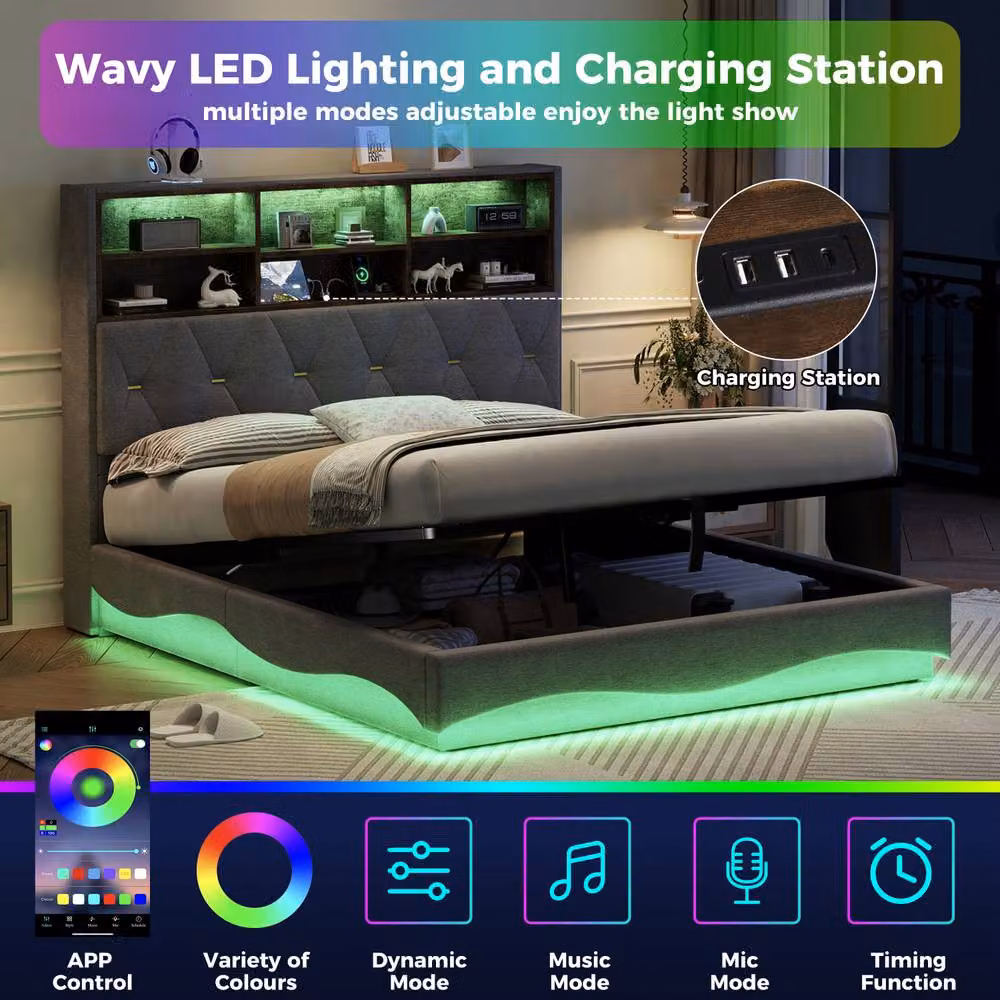 BTM Grey Upholstered 5ft King Size Hydraulic Storage Bed with Wavy LED Lighting and USB/Type C Charging Ports, W/D/H: 180 x 200 x 132 cm – 5