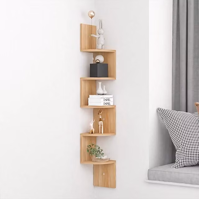 Lifeideas 5-Tier Brown Wooden Geometric Zigzag Floating Corner Shelf