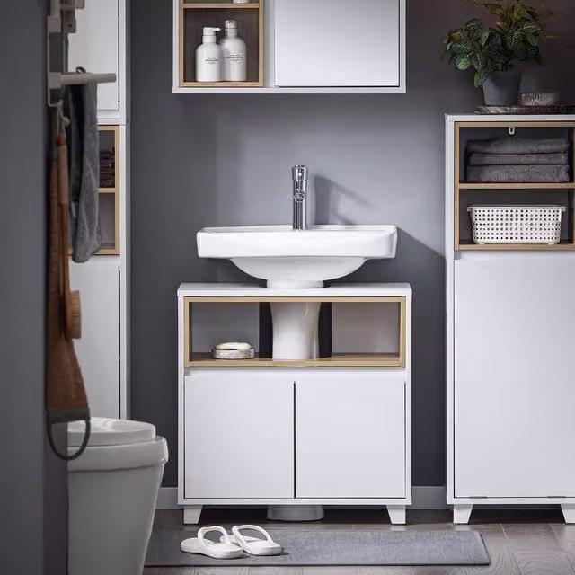 SoBuy White Under Sink Bathroom Cabinet with Open Shelf and 2 Hinged Doors, Height: 61 cm