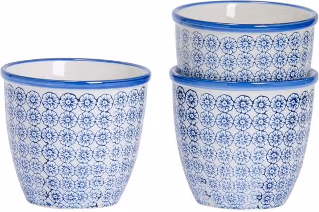 Nicola Spring Ceramic Hand-Printed Plant Pot Set of 3 in Turquoise, Red and Blue, H: 13.8 cm, W: 12.5 cm, D: 13.8 cm