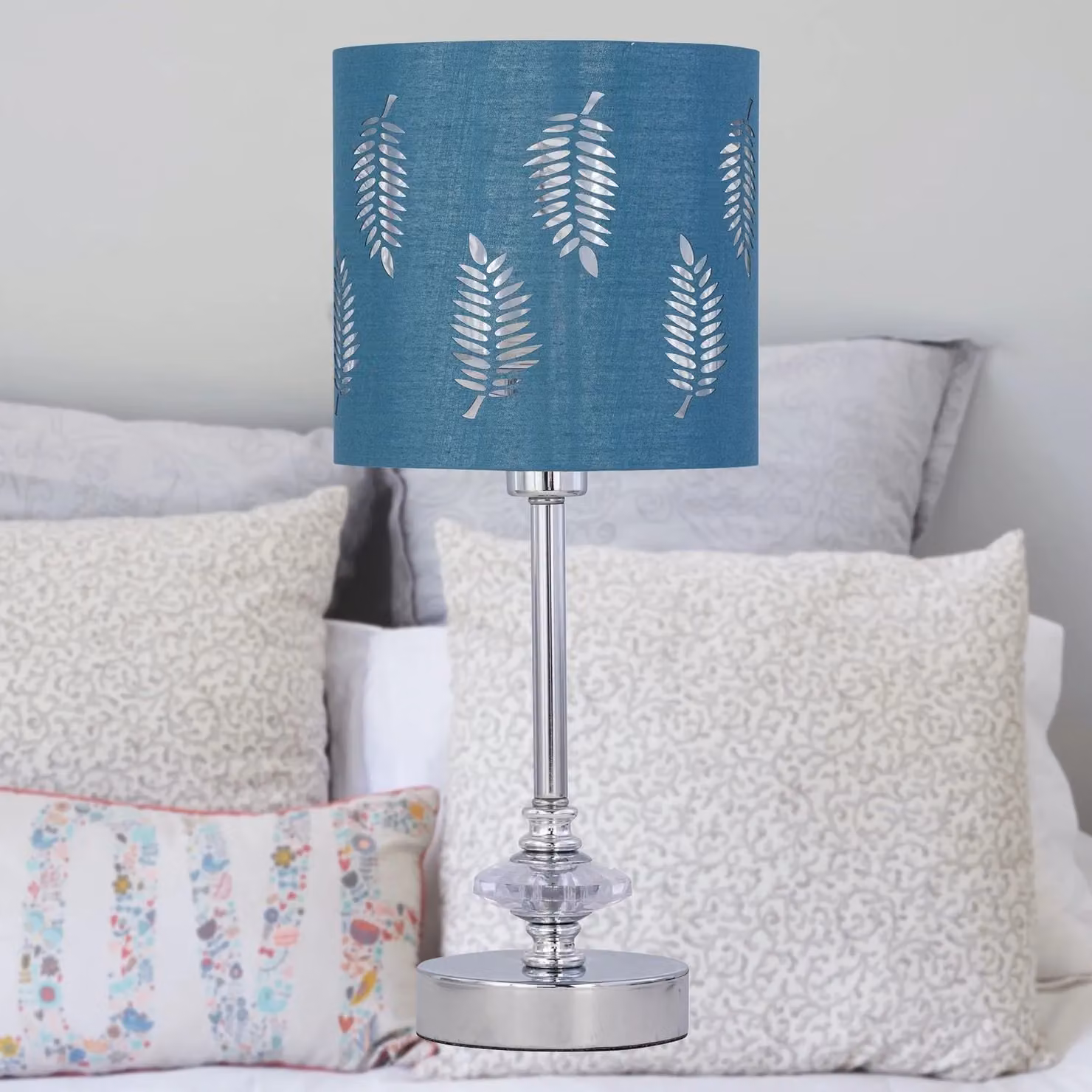 First Choice Lighting Chrome Jewelled Table Lamp with Petrol Blue Fabric Fern Shade in Silver, H 33.0 cm x W 15.5 cm x D 15.5 cm – 2