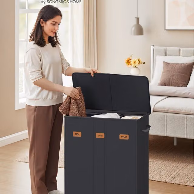 SONGMICS 3-Compartment Laundry Basket with Lid and Removable Bags, Black