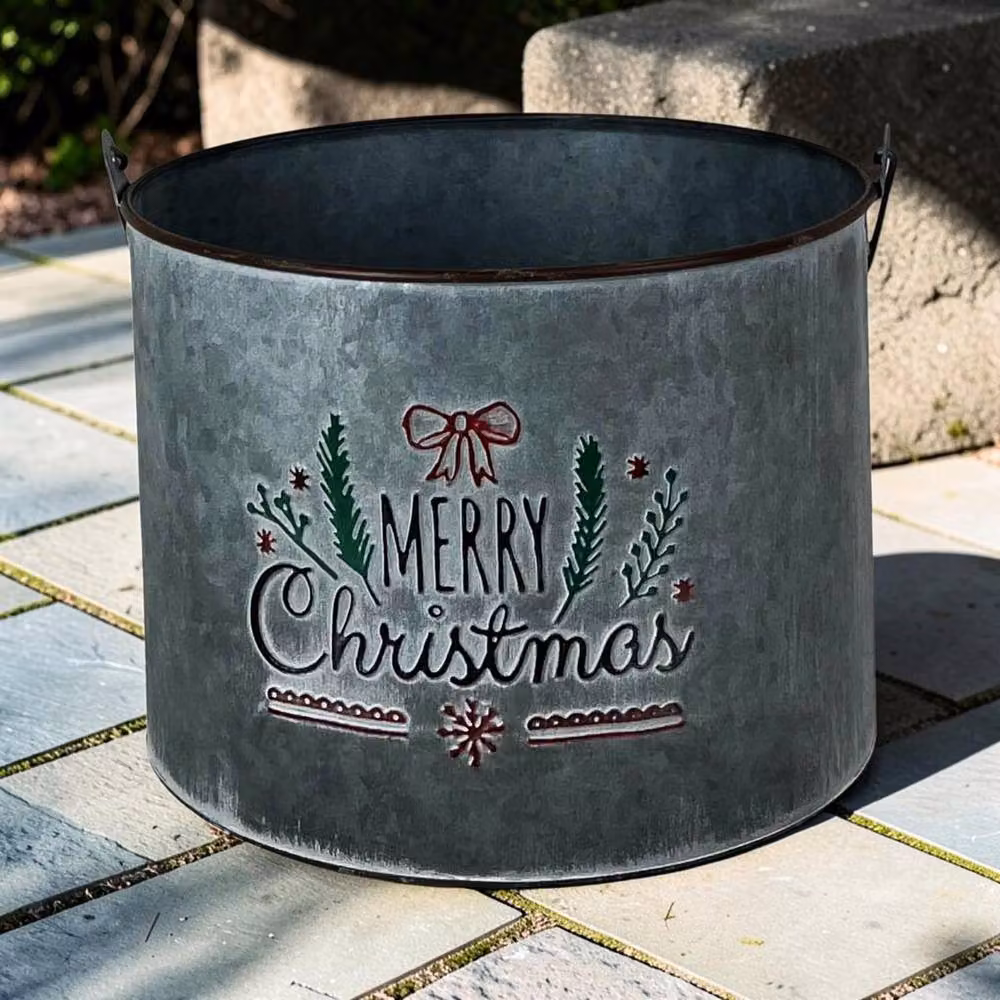 Four Candle Silver Galvanised Metal Merry Christmas Bucket with Handle, Height: 21 cm – 2