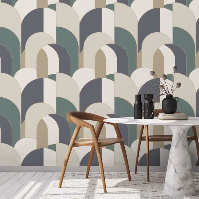 Grandeco Arched Geo Shape Blown Textured Vinyl Wallpaper in Green and Grey