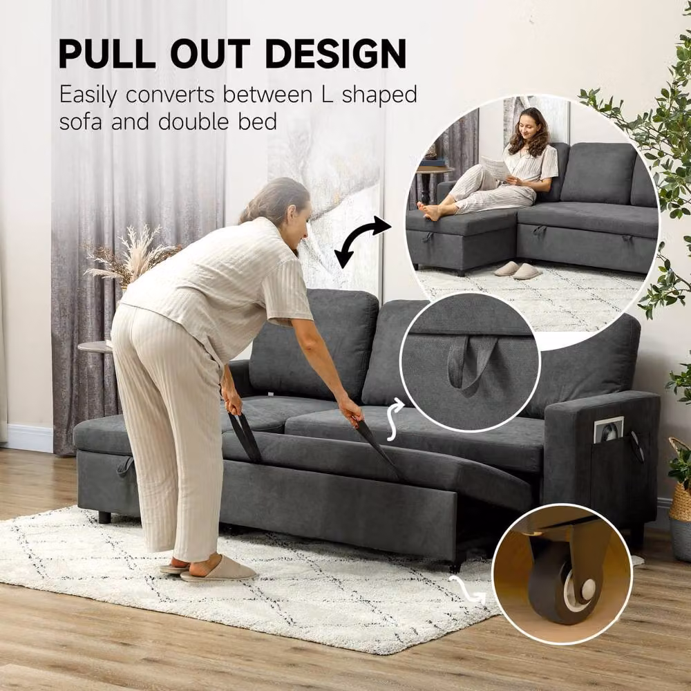 Wyld Haus Sesune Yoli Charcoal Grey Reversible L-Shape Pull Out Corner Sofa Bed with Storage and Side Unit, W/D/H: 200 x 140 x 85 cm – 5