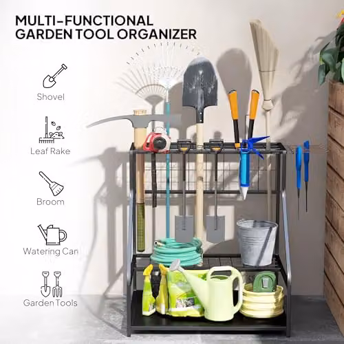 Outsunny 3-Tier Black Metal Garden Tool Storage Rack with 11 Hooks, W/D/H: 73 x 53 x 53 cm – 4