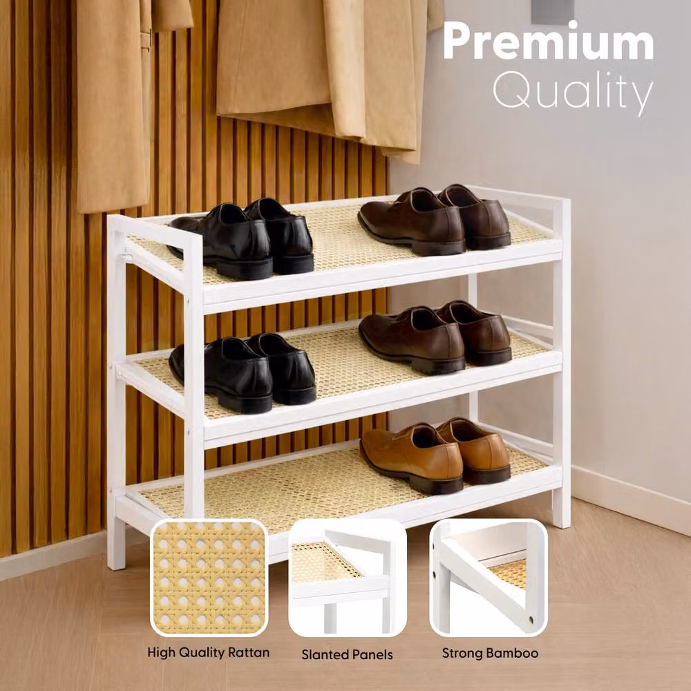 Keplin 3-Tier Bamboo and Rattan Shoe Organiser Rack in White, W/D/H: 54 x 29 x 70 cm – 2