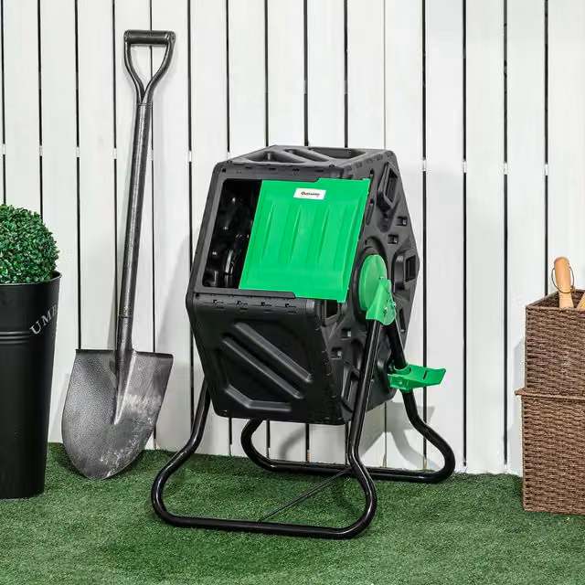 OUTSUNNY 65L Rotating Garden Compost Bin with Steel Legs in Green and Black – 1