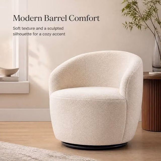 STILVORA Ivory Bouclé Swivel Accent Armchair with Ergonomic Backrest and Solid Wood Frame – 1
