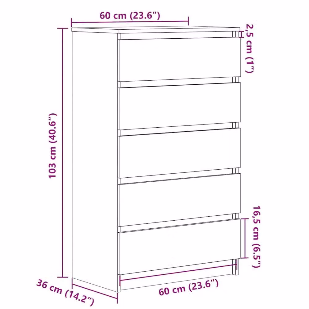 Berkfield Home Smoked Oak Drawer Cabinet in Brown, W/D/H: 60 x 36 x 103 cm – 6