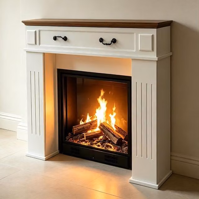 Gr8 Home Modern Wood Fireplace Surround with 3 Storage Cupboards in Brown and White
