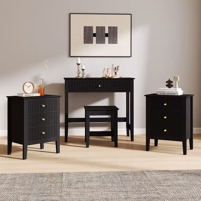 Melody Maison Hales Black Dressing Table, Stool and Pair of 3 Drawer Bedside Tables in Black and Gold – 1