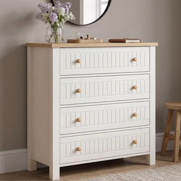 DHS Linra White Lacquered 4 Chest of Drawers in Oak Wood, Mid-Century Style, W/D/H: 95 x 42 x 83 cm