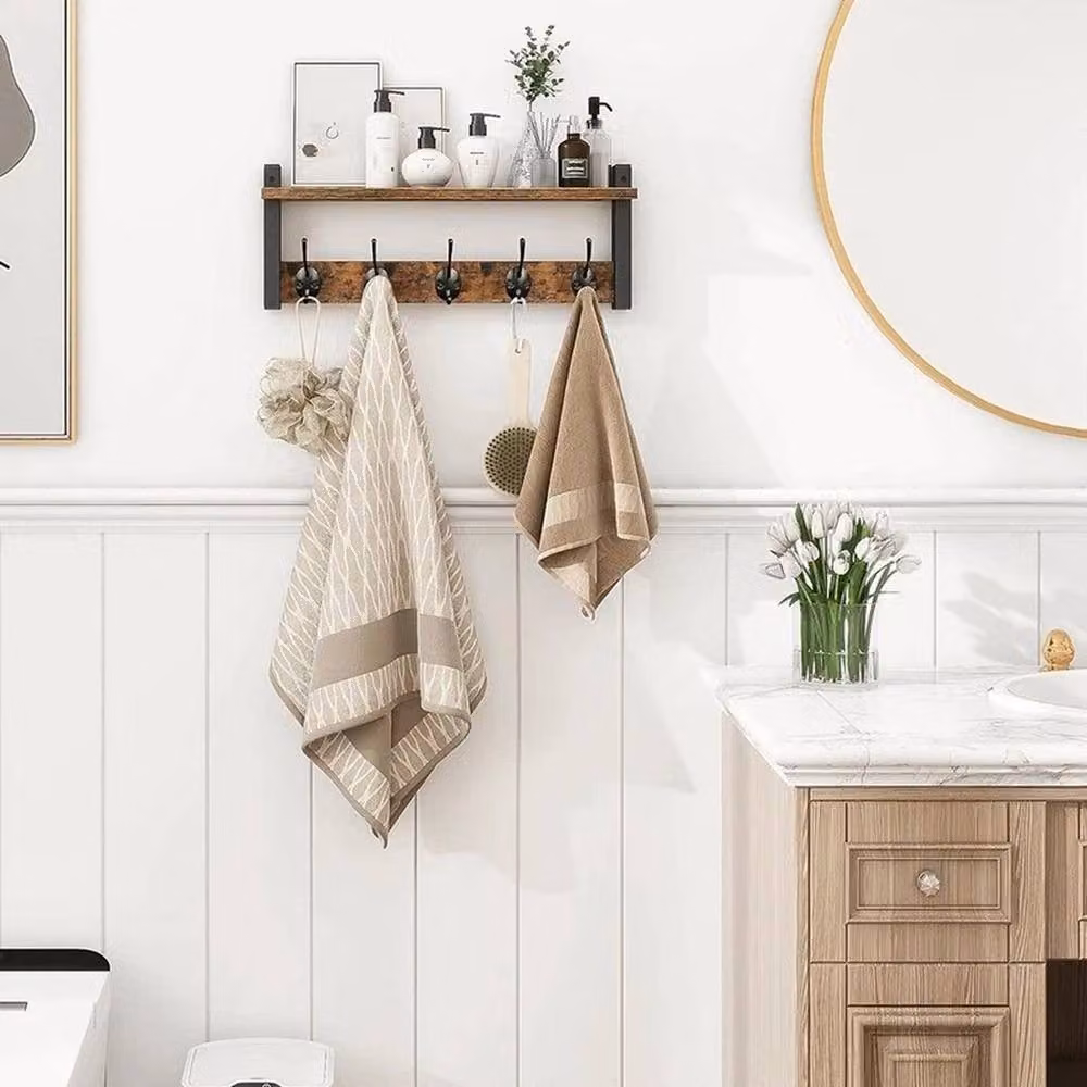 FLAVORA Industrial Dual Hook and Rail Matrix Wall Coat Rack in Brown and Black – 4