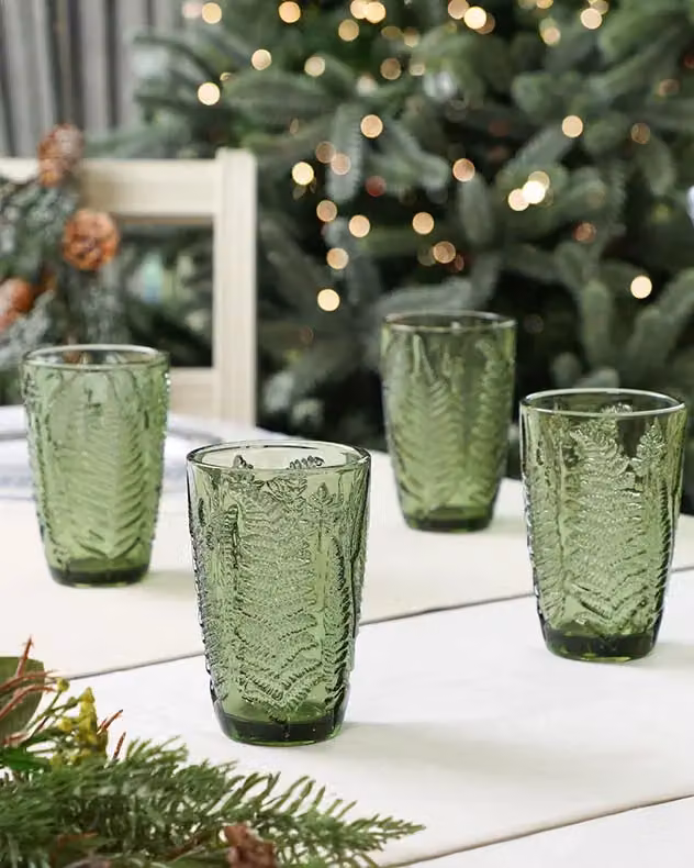 Dibor Set of 6 Green Floral Embossed Highball Glass Tumblers, 350ml per glass – 4