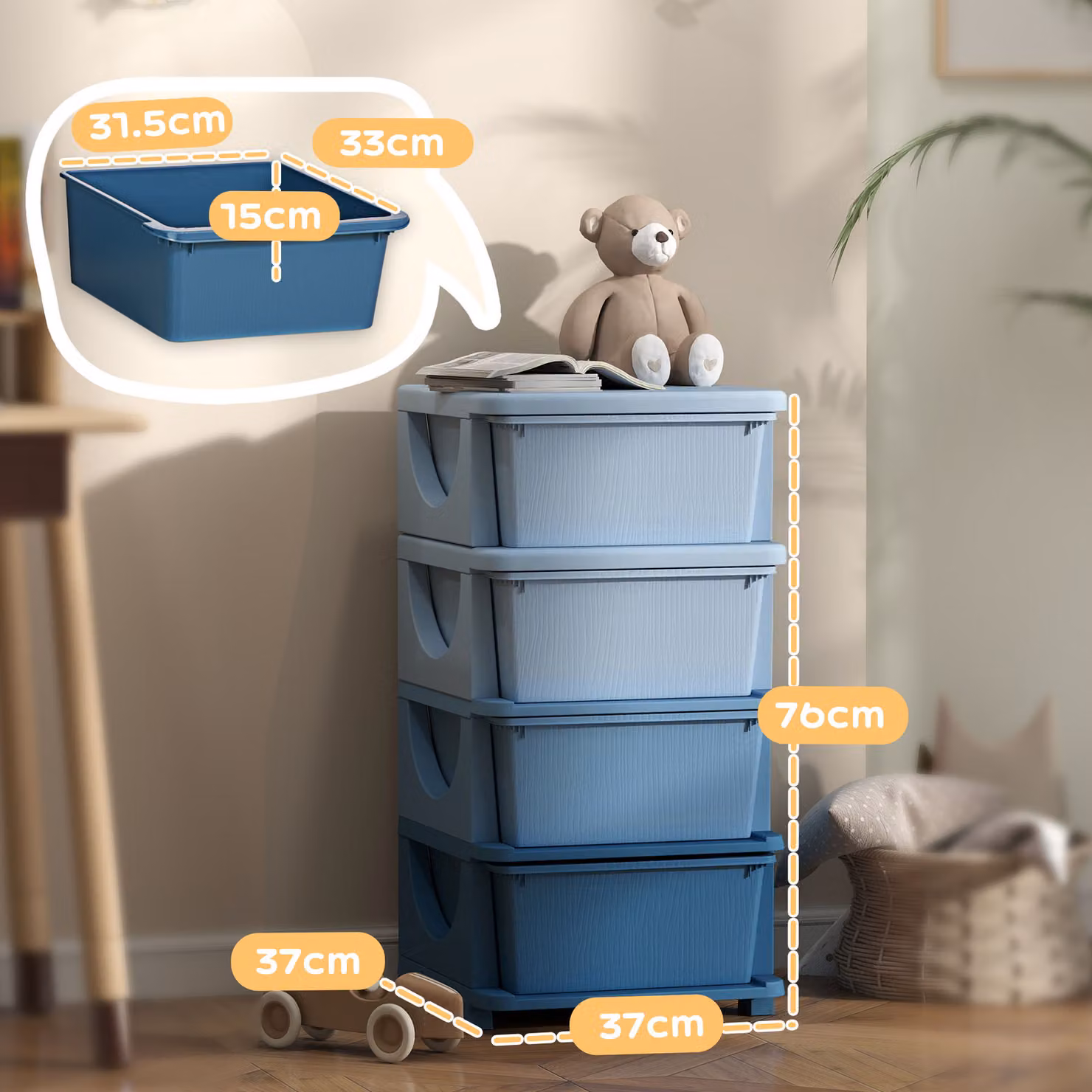 HOMCOM Four-Tier Kids Storage Unit with Four Drawers in Blue – 2
