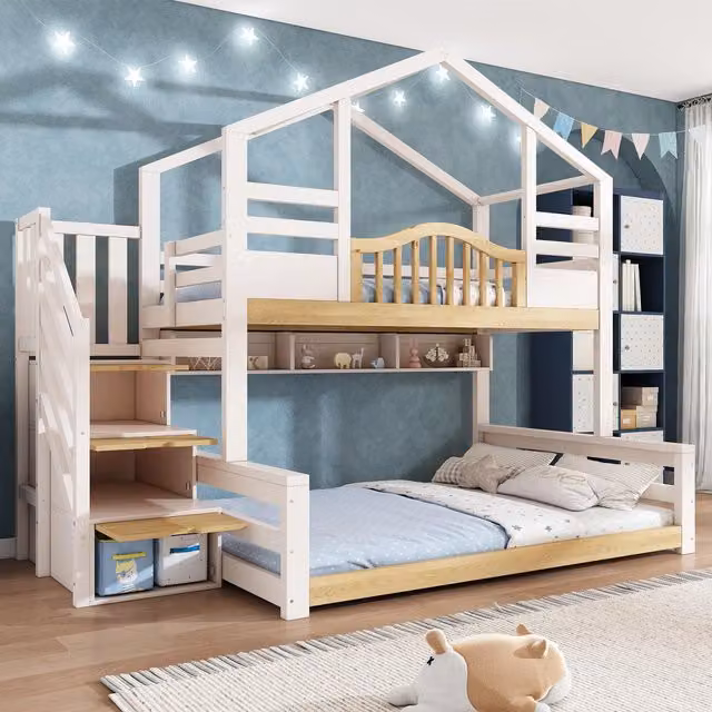 Aosom UK House-Shaped Bunk Bed with Staircase Storage and Integrated Shelves, White and Natural, W/D/H: 140 x 244 x 206 cm