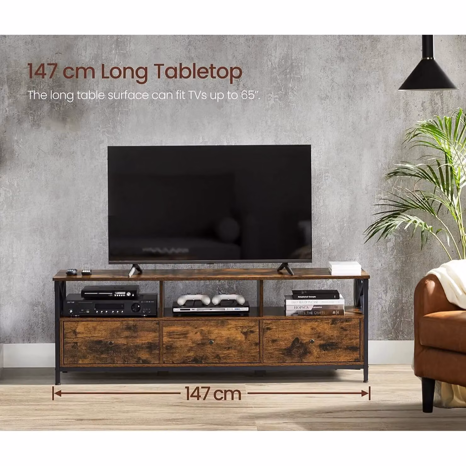 VASAGLE Industrial TV Stand Cabinet with 3 Drawers and 3 Open Shelves in Brown – 4