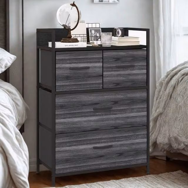 FURNOS Industrial 4 Fabric Drawer Chest Storage Unit with Shelftop, Black, H: 85 cm x W: 60 cm x D: 29 cm – 1