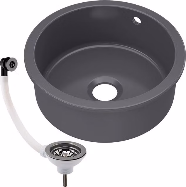 Balterley Round Undermount Kitchen Sink, Dark Grey Fireclay Ceramic, Soft Black