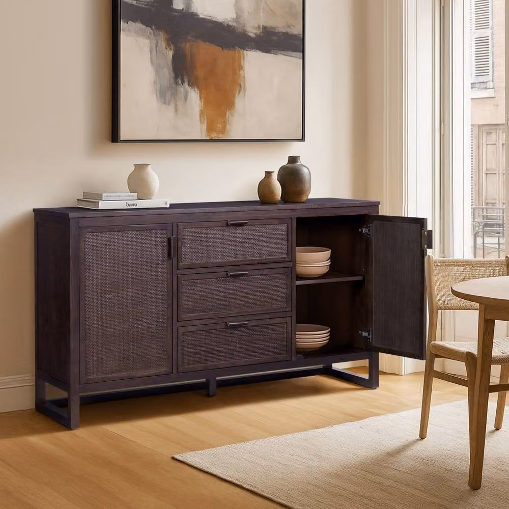 Teamson Home Hatteras Wooden Sideboard with 3 Drawers and 2 Rattan Inset Doors, Brown, W: 140 cm, D: 45.72 cm, H: 81.28 cm – 2