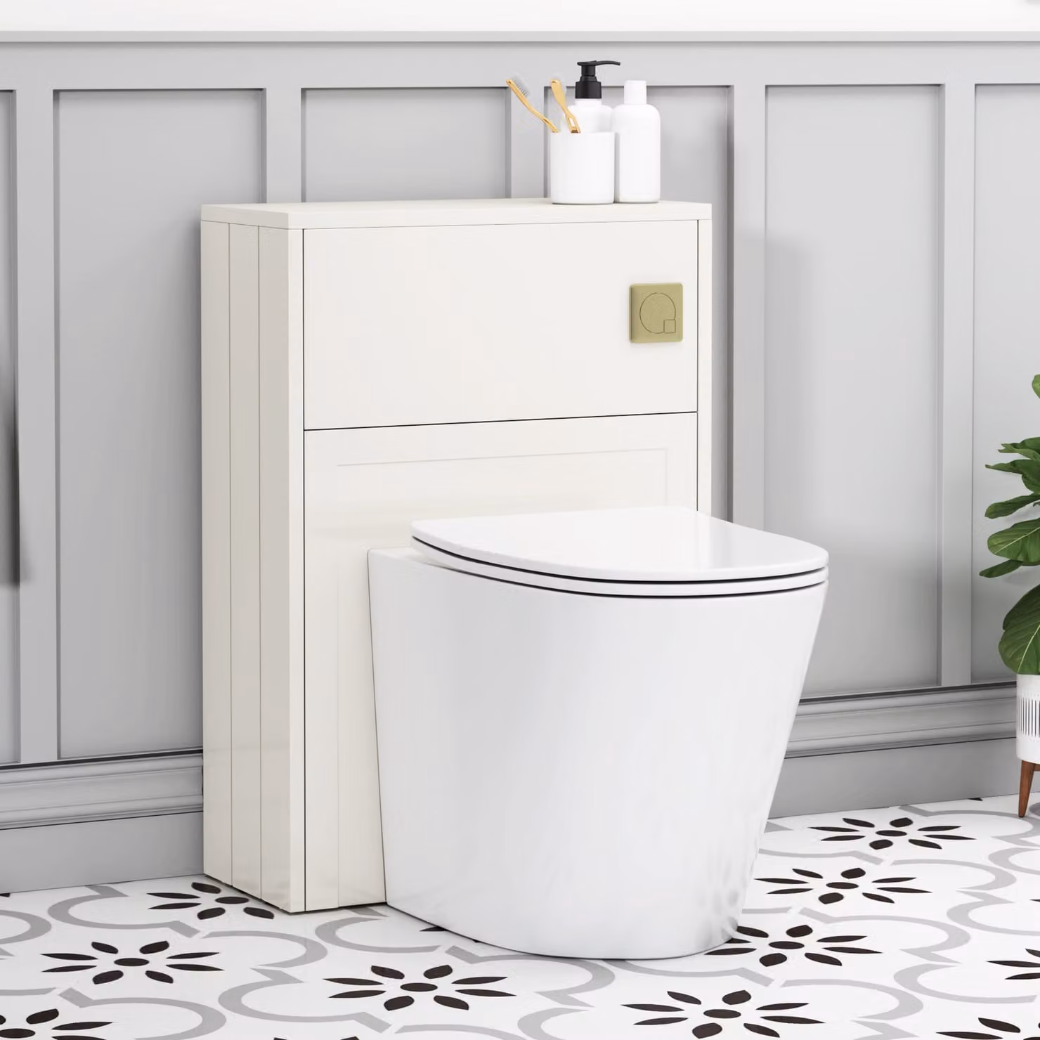 Royal Bathrooms Elmore Classic White Wall Mounted BTW WC Unit with Cesar Rimless Ceramic Toilet Pan, Slim Soft Close Seat and Cistern, Width: 55 cm