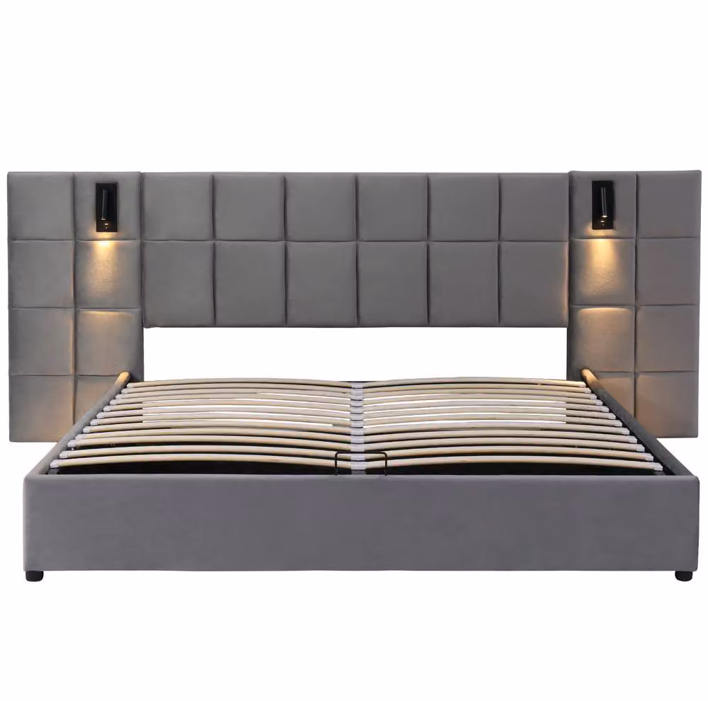 STILVORA Grey Velvet Upholstered Super King Bed with Storage, USB Charging Port and Integrated Reading Light – 6