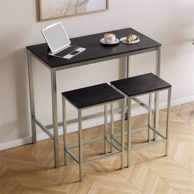 PAWNORA Modern Black Wooden Bar Table and Stool Set – 1