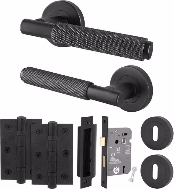 Dixon AFIT Black Matt Knurled Sash Lock Door Handle with Hinges, W: 15 cm x H: 15 cm – 1