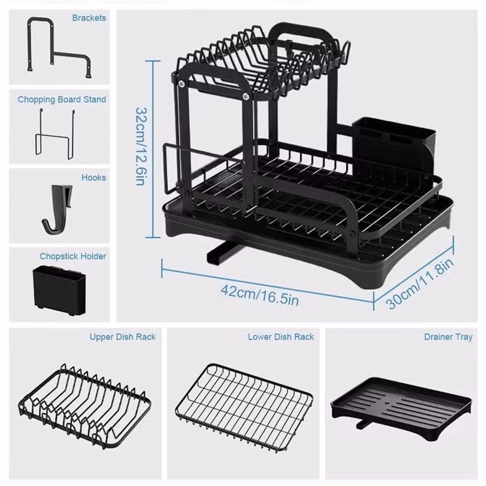 EONLION Black Coated Steel Dish Drainer Rack with Cutlery and Cup Holders, Width: 100 cm – 2
