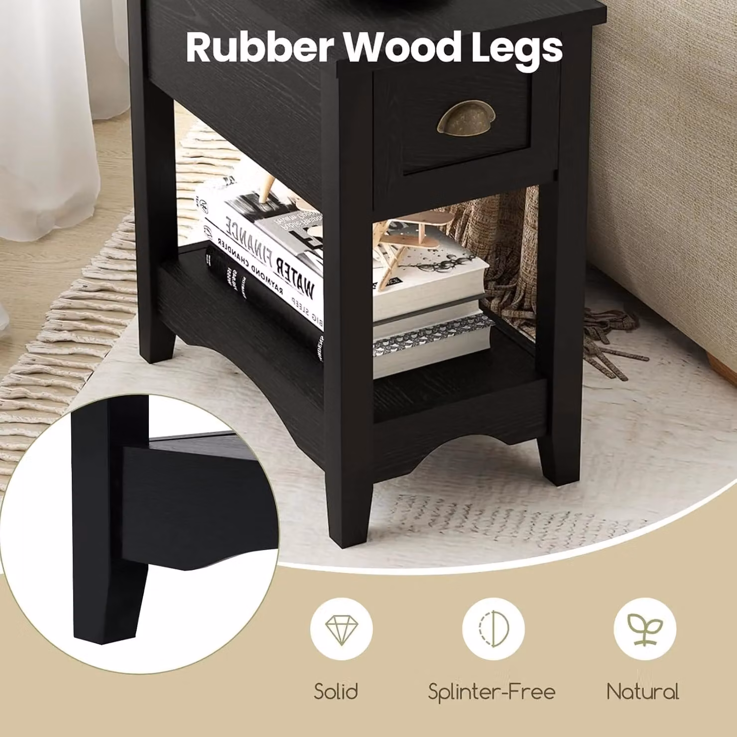 Gymax Retro Side Table and Nightstand with 1 Drawer and Solid Wood Legs in Black – 5