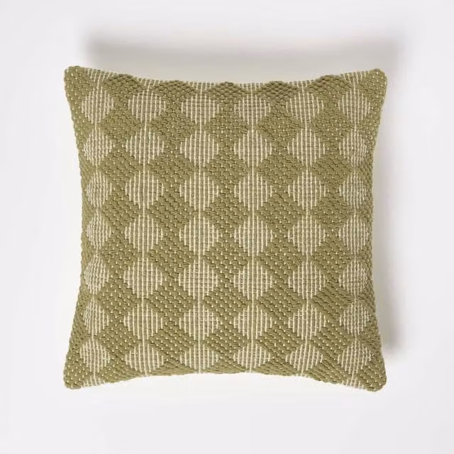 Homescapes Lima Handwoven Textured Green Square Cotton Cushion, W/D/H: 45 x 45 x 45 cm