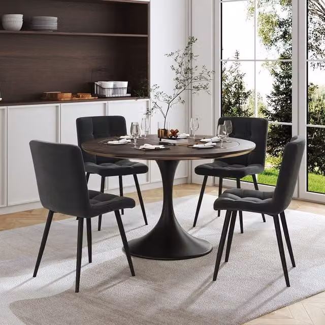 Komore Set of 4 Modern Grey Velvet Dining Chairs with Black Metal Legs