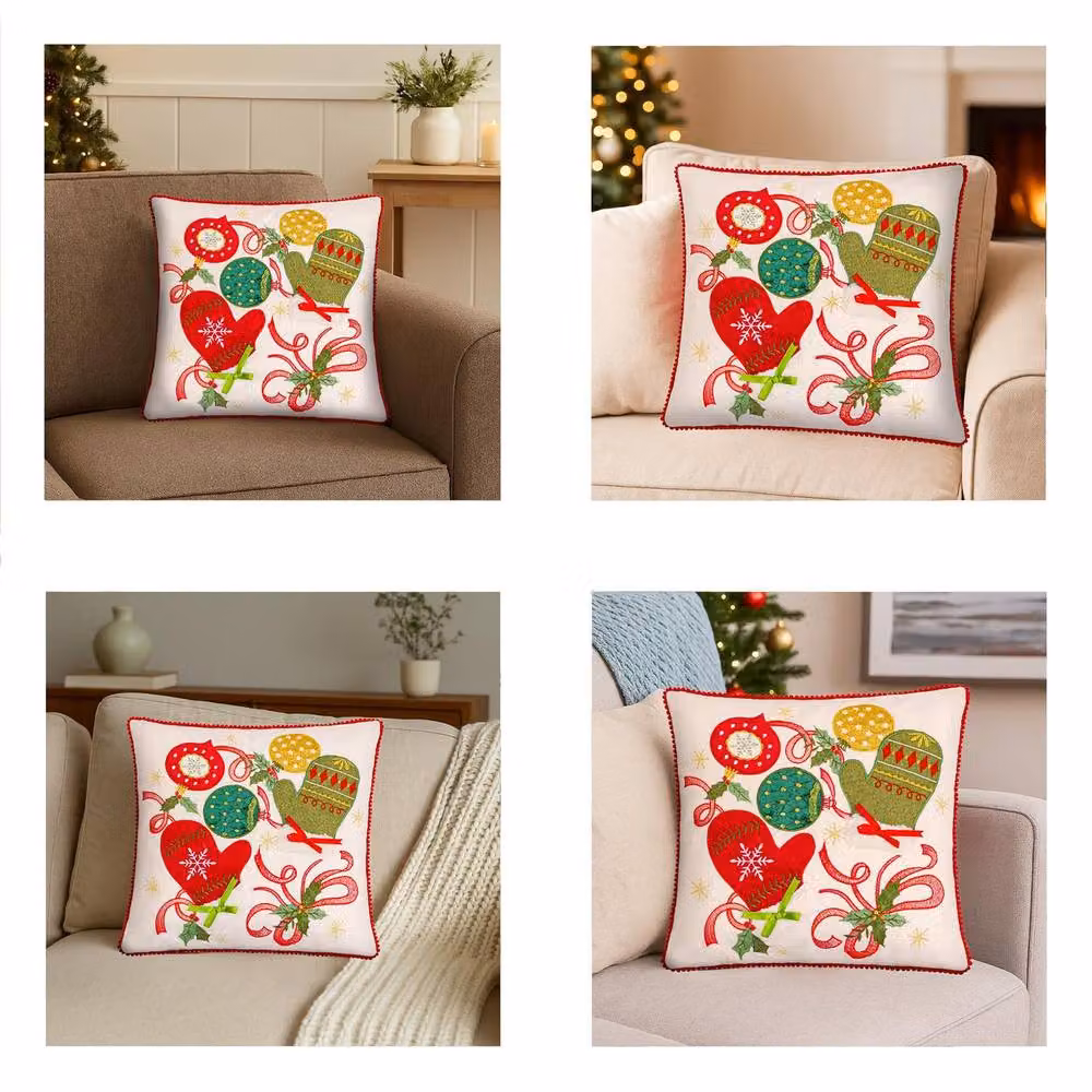 Luxury Living Embroidered Christmas Cushion in Cream with Mittens, Baubles and Bell, W/D/H: 45 x 45 x 45 cm – 5