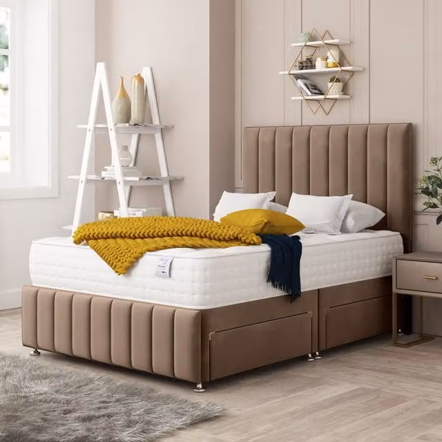 Bed Choices Moscow King Size Divan Bed with 4 Drawers, Mattress and 54 inch Floor Standing Headboard in Brown Velvet Fabric, W/D/H: 180 x 200 cm