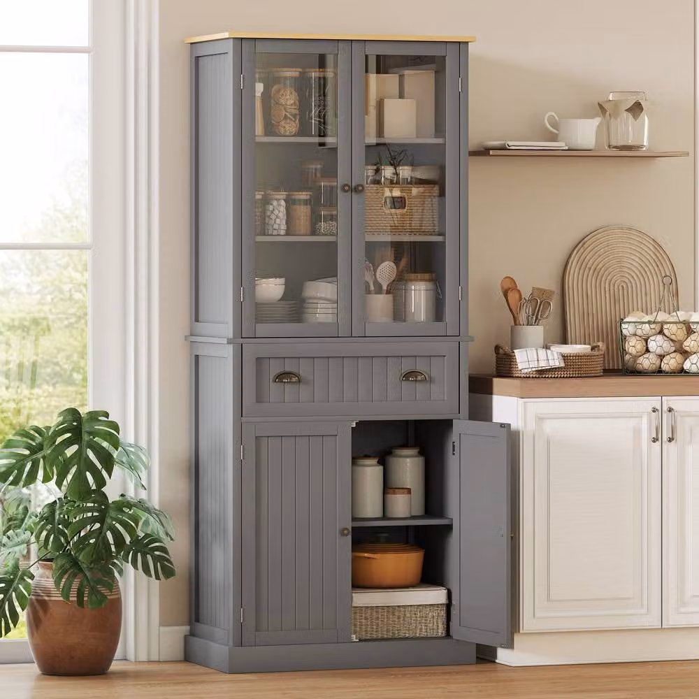 STILVORA Grey Matt Kitchen Pantry Cupboard with Glass Doors and Internal Shelves – 2