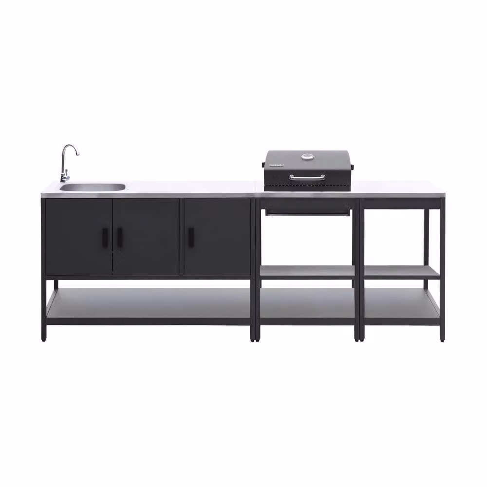 sweeek Outdoor Kitchen with Charcoal Barbecue and 3 Modules including Sink in Black and Stainless Steel – 2