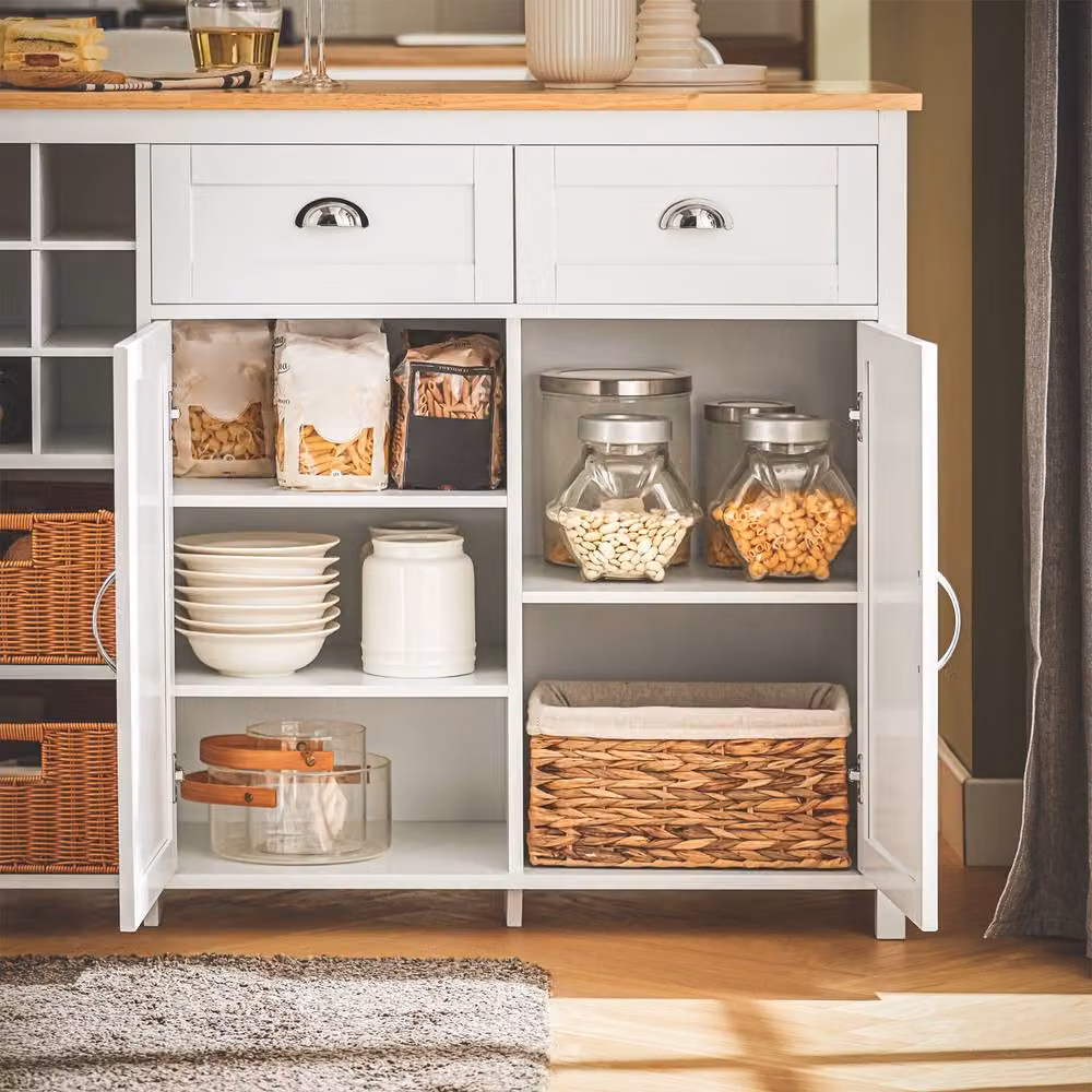SoBuy Modern Kitchen Island with Natural Wood Top and White Rattan Baskets – 5